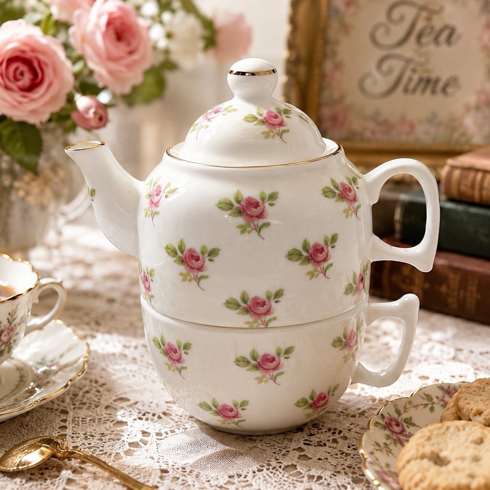 Staffordshire Tea for One Set Pink Roses Bone China Made in England Gold Trim